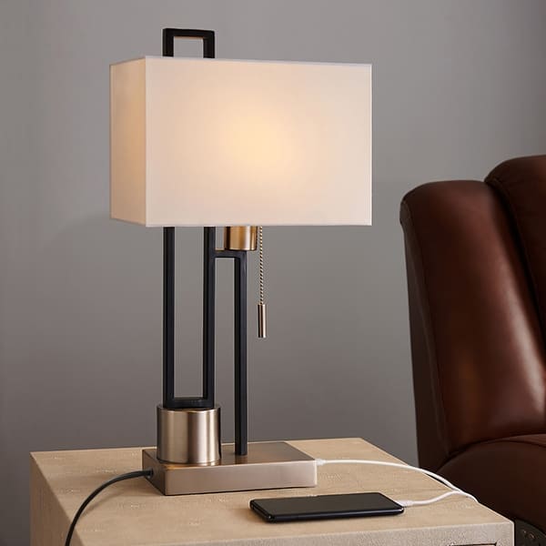 Matte Black/Brushed Nickel Table Lamp with USB Port and White Linen Shade， 9.5W LED Bulb